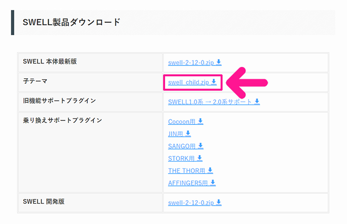 WordPressテーマ『SWELL(スウェル)』インストール手順 ステップ16：子テーマをダウンロードする