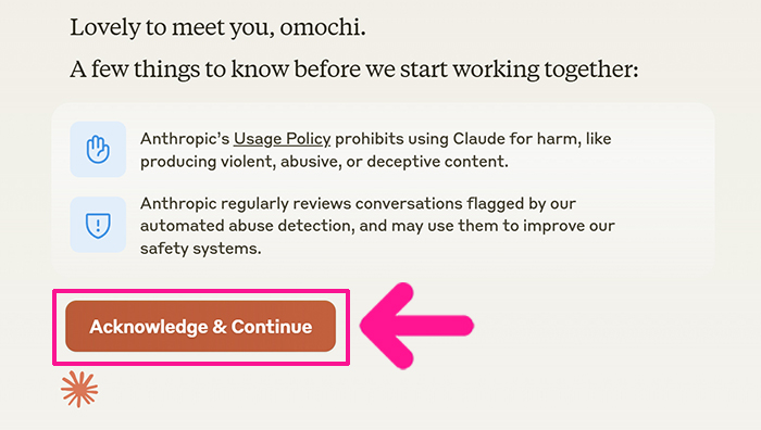 Claudeの始め方と使い方 ステップ16：メッセージ内容を確認して『Acknowledge & Continue』ボタンをクリックする