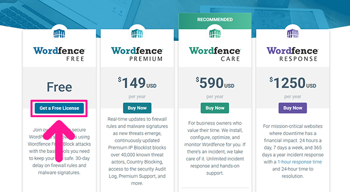 swellおすすめプラグイン Wordfence Securityの使い方 ステップ8：『Get a Free Lisense』ボタンをクリックする