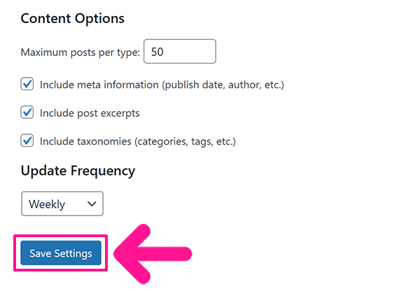 Website LLMs.txtプラグインの設定方法 ステップ18：すべての設定が終わったら『save Settings』ボタンをクリックする